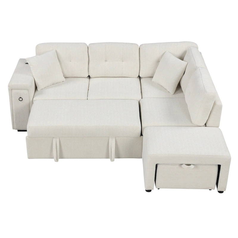 Canapé d'angle 4 places en L de 86,6 po avec lit gigogne, pouf mobile, ports USB et table rabattable avec porte-gobelets