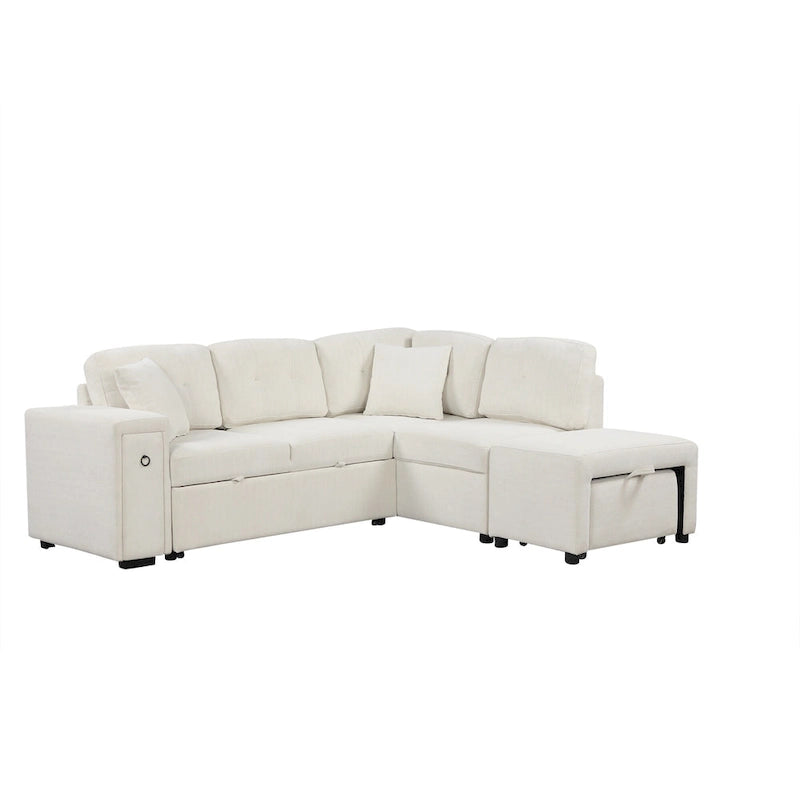 Canapé d'angle 4 places en L de 86,6 po avec lit gigogne, pouf mobile, ports USB et table rabattable avec porte-gobelets