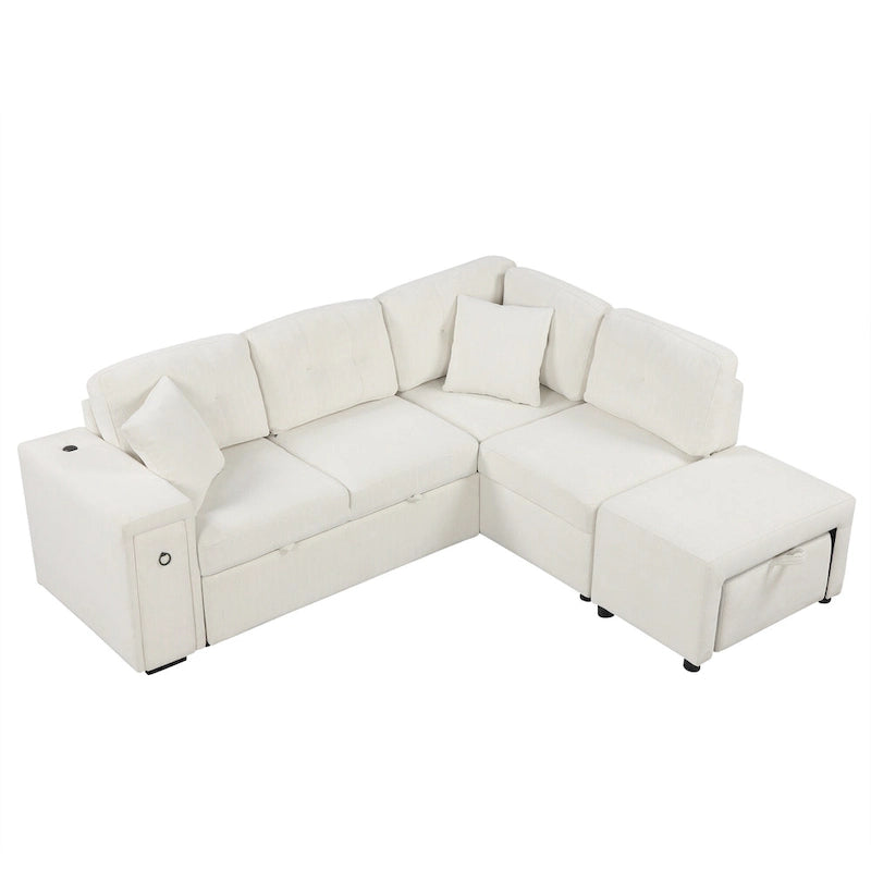 Canapé d'angle 4 places en L de 86,6 po avec lit gigogne, pouf mobile, ports USB et table rabattable avec porte-gobelets