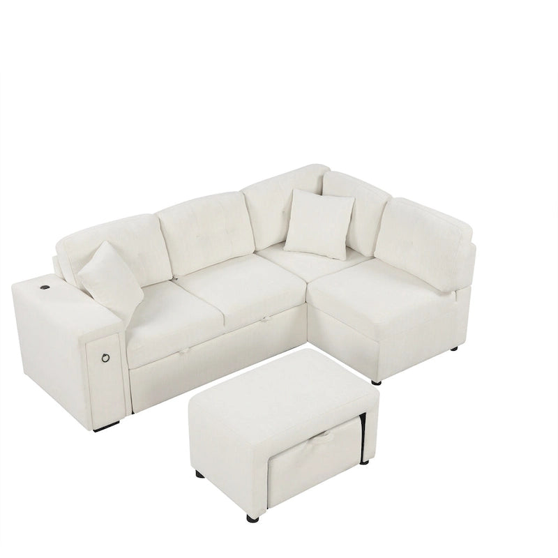 Canapé d'angle 4 places en L de 86,6 po avec lit gigogne, pouf mobile, ports USB et table rabattable avec porte-gobelets