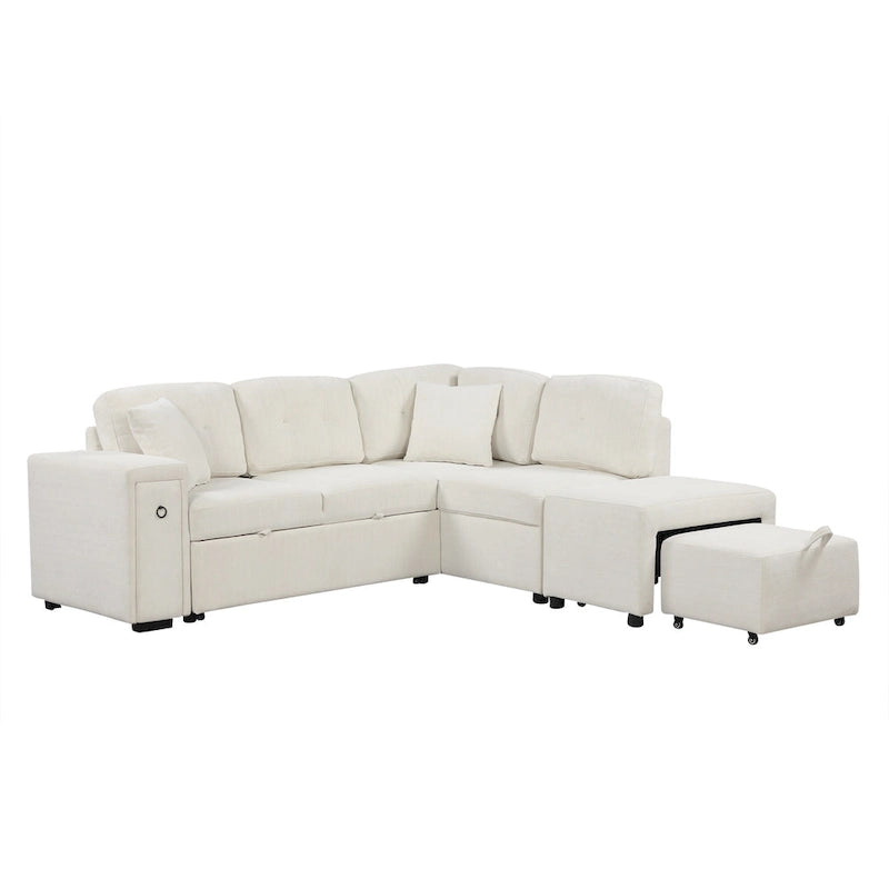 Canapé d'angle 4 places en L de 86,6 po avec lit gigogne, pouf mobile, ports USB et table rabattable avec porte-gobelets