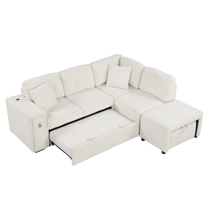 Canapé d'angle 4 places en L de 86,6 po avec lit gigogne, pouf mobile, ports USB et table rabattable avec porte-gobelets