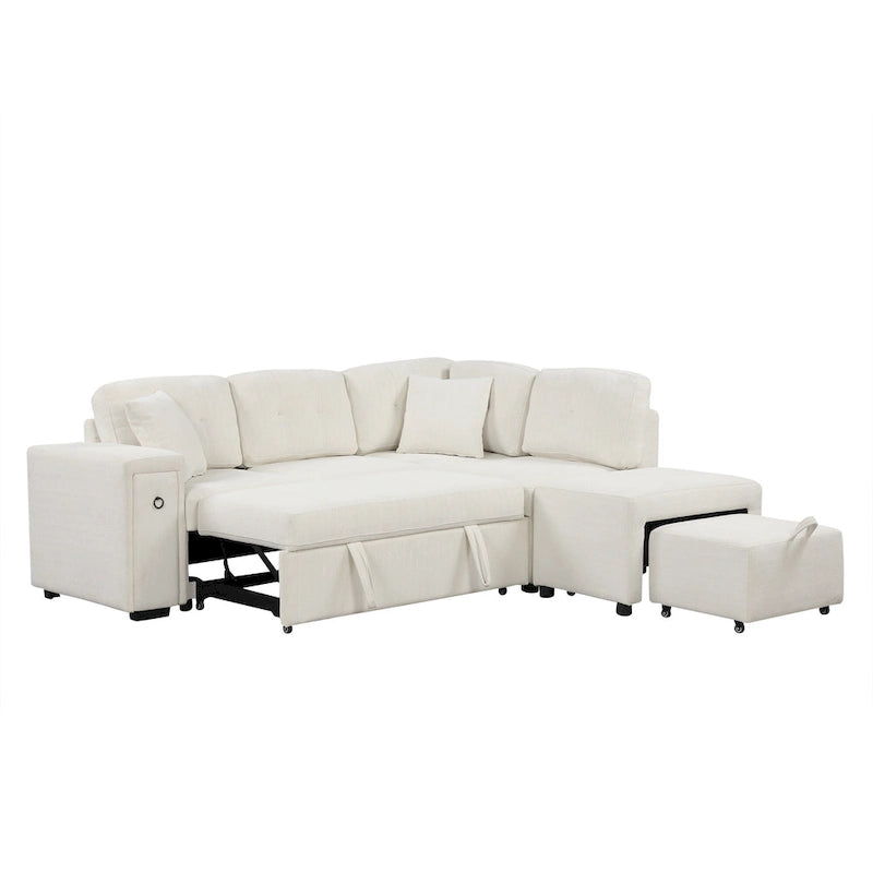 Canapé d'angle 4 places en L de 86,6 po avec lit gigogne, pouf mobile, ports USB et table rabattable avec porte-gobelets