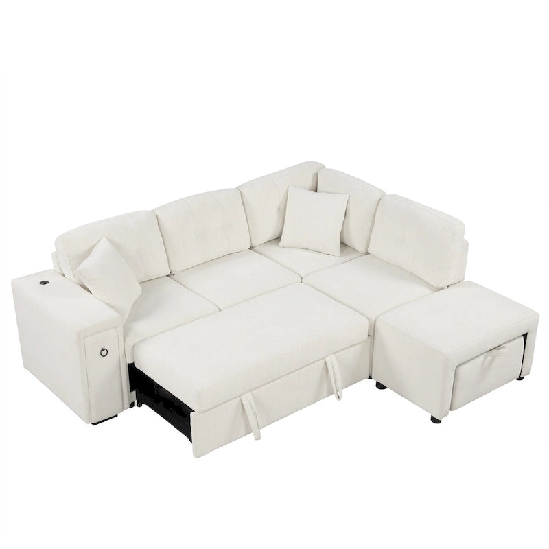Canapé d'angle 4 places en L de 86,6 po avec lit gigogne, pouf mobile, ports USB et table rabattable avec porte-gobelets