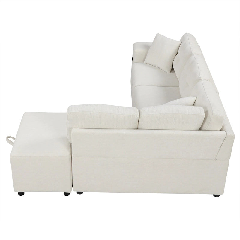 Canapé d'angle 4 places en L de 86,6 po avec lit gigogne, pouf mobile, ports USB et table rabattable avec porte-gobelets
