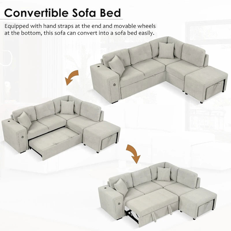 Canapé d'angle 4 places en L de 86,6 po avec lit gigogne, pouf mobile, ports USB et table rabattable avec porte-gobelets