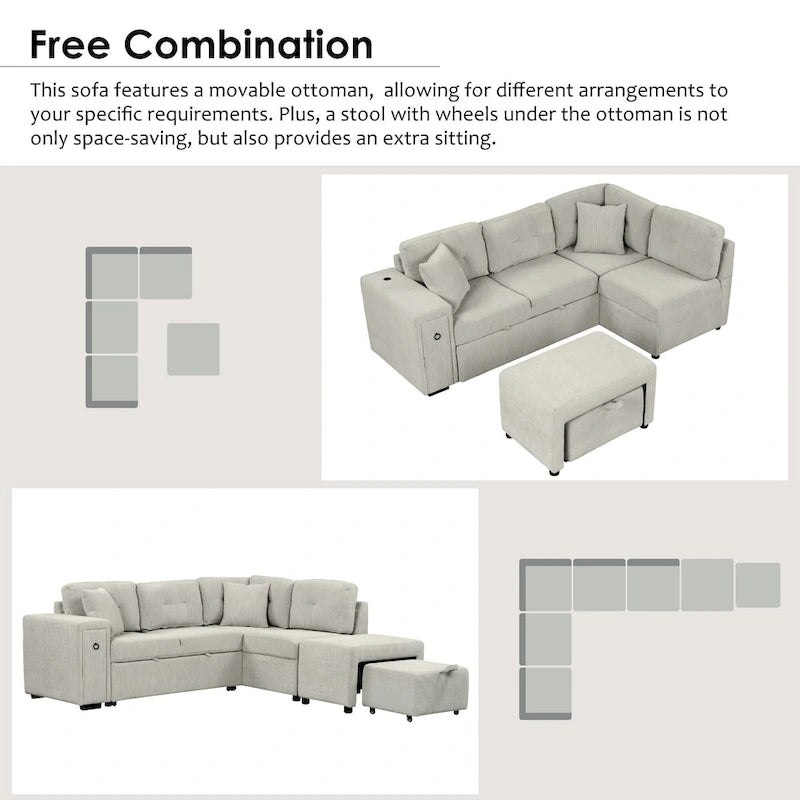 Canapé d'angle 4 places en L de 86,6 po avec lit gigogne, pouf mobile, ports USB et table rabattable avec porte-gobelets