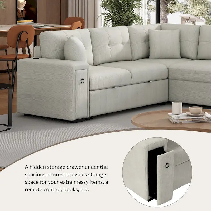 Canapé d'angle 4 places en L de 86,6 po avec lit gigogne, pouf mobile, ports USB et table rabattable avec porte-gobelets