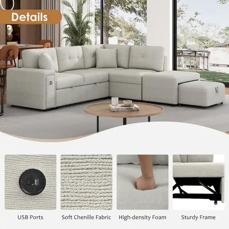 Canapé d'angle 4 places en L de 86,6 po avec lit gigogne, pouf mobile, ports USB et table rabattable avec porte-gobelets
