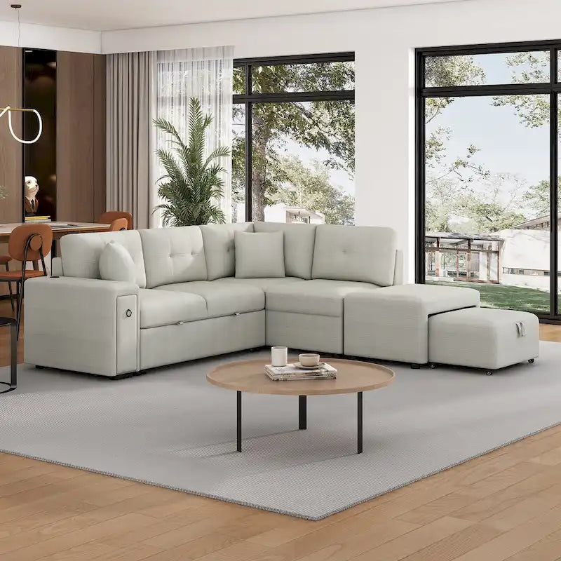 Canapé d'angle 4 places en L de 86,6 po avec lit gigogne, pouf mobile, ports USB et table rabattable avec porte-gobelets