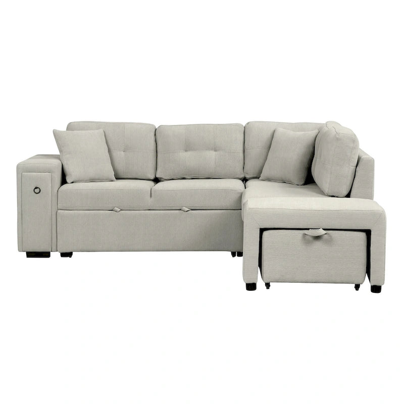 Canapé d'angle 4 places en L de 86,6 po avec lit gigogne, pouf mobile, ports USB et table rabattable avec porte-gobelets
