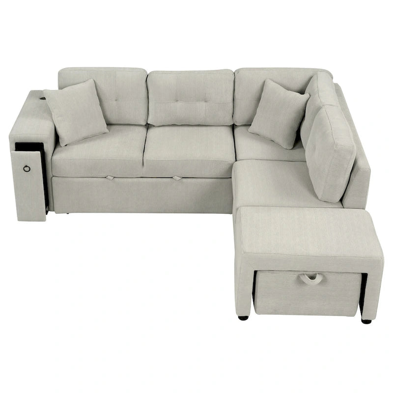 Canapé d'angle 4 places en L de 86,6 po avec lit gigogne, pouf mobile, ports USB et table rabattable avec porte-gobelets