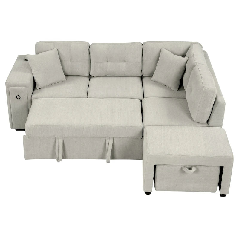 Canapé d'angle 4 places en L de 86,6 po avec lit gigogne, pouf mobile, ports USB et table rabattable avec porte-gobelets