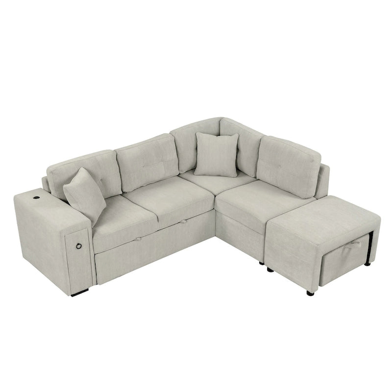 Canapé d'angle 4 places en L de 86,6 po avec lit gigogne, pouf mobile, ports USB et table rabattable avec porte-gobelets