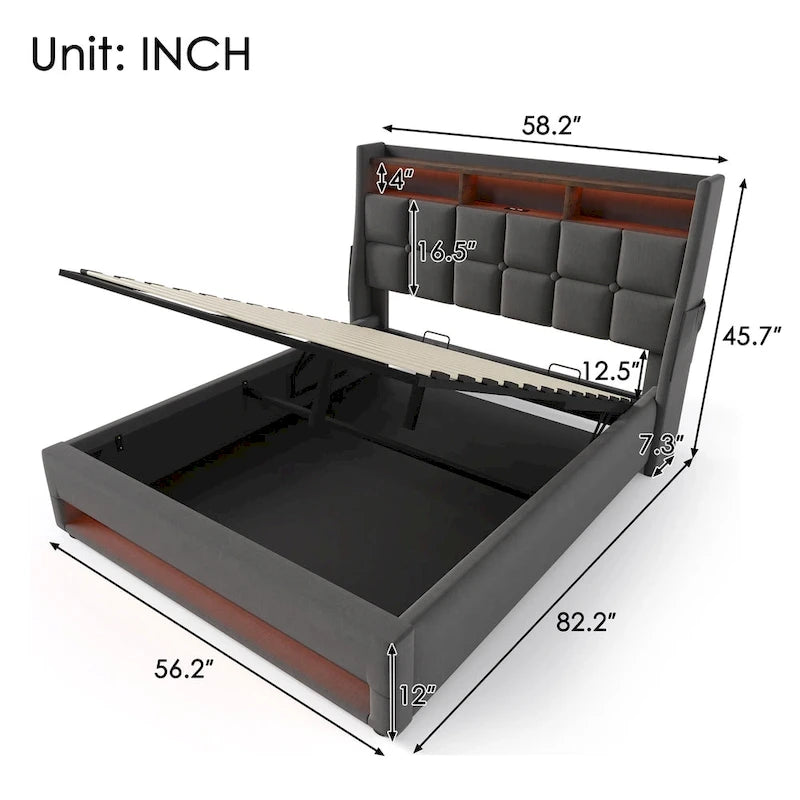Lit plateforme capitonné gris pleine taille avec rangement hydraulique, LED et chargement USB