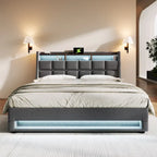Lit plateforme capitonné gris pleine taille avec rangement hydraulique, LED et chargement USB