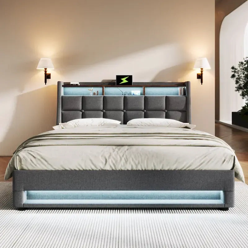 Lit plateforme capitonné gris pleine taille avec rangement hydraulique, LED et chargement USB