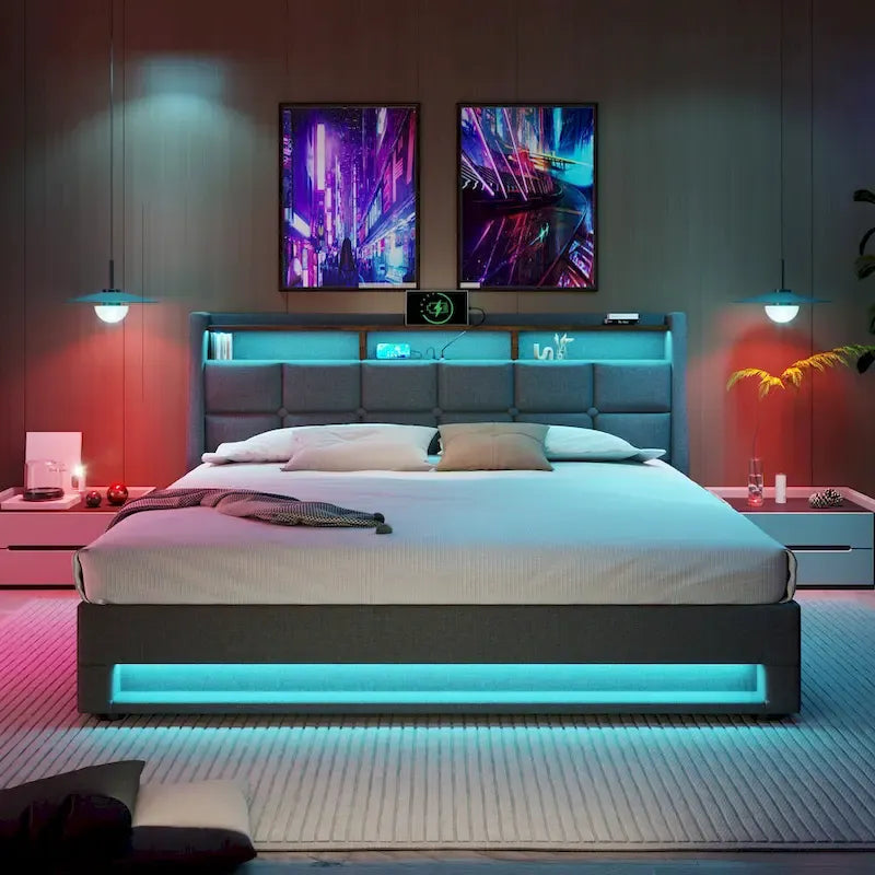 Lit plateforme capitonné gris pleine taille avec rangement hydraulique, LED et chargement USB