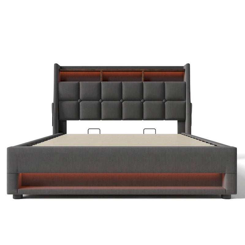 Lit plateforme capitonné gris pleine taille avec rangement hydraulique, LED et chargement USB