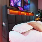 Lit plateforme capitonné gris pleine taille avec rangement hydraulique, LED et chargement USB