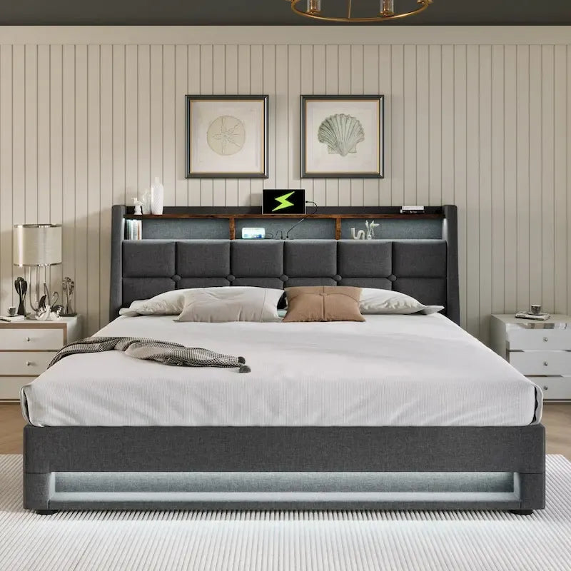 Lit plateforme capitonné gris pleine taille avec rangement hydraulique, LED et chargement USB