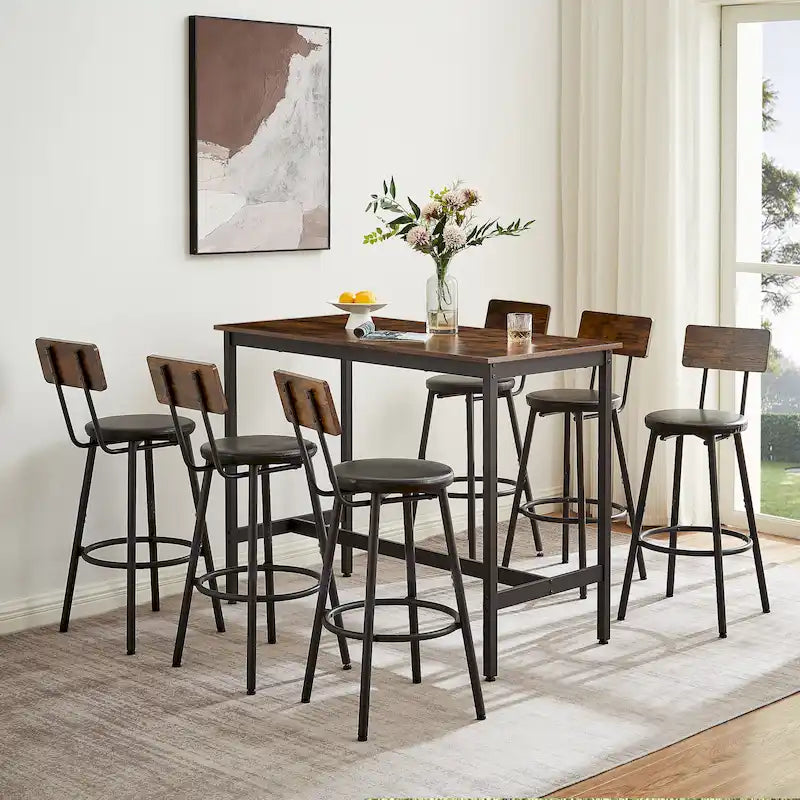 Ensemble de salle à manger rustique 7 pièces avec table rectangulaire et chaises de bar en cuir PU