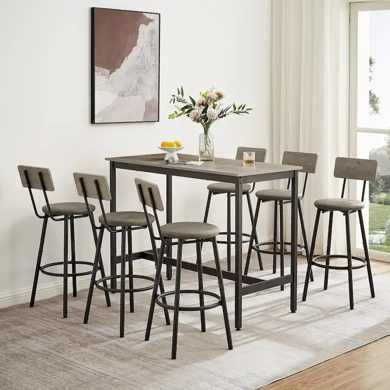Ensemble de salle à manger rustique 7 pièces avec table rectangulaire et chaises de bar en cuir PU