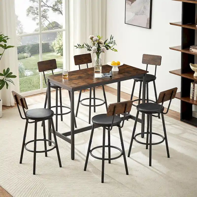 Ensemble de salle à manger rustique 7 pièces avec table rectangulaire et chaises de bar en cuir PU