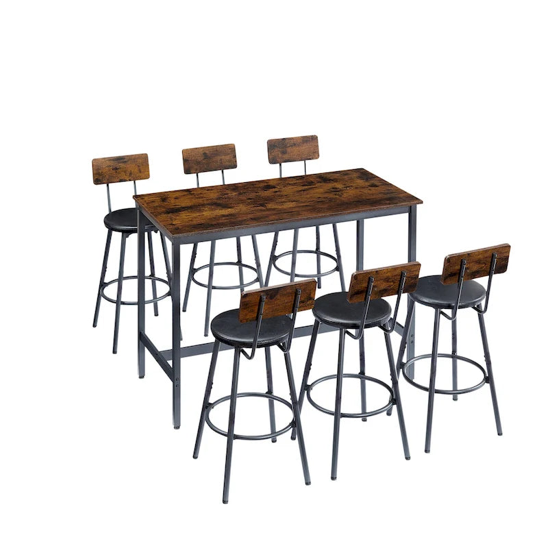 Ensemble de salle à manger rustique 7 pièces avec table rectangulaire et chaises de bar en cuir PU