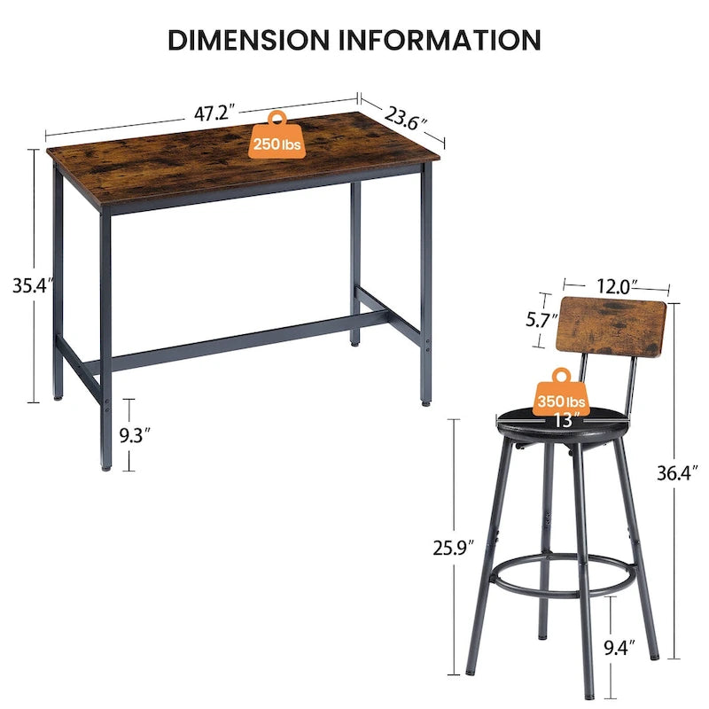 Ensemble de salle à manger rustique 7 pièces avec table rectangulaire et chaises de bar en cuir PU