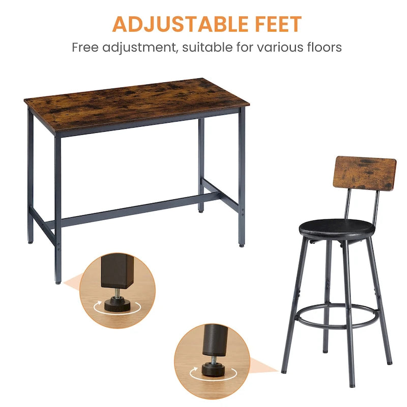 Ensemble de salle à manger rustique 7 pièces avec table rectangulaire et chaises de bar en cuir PU