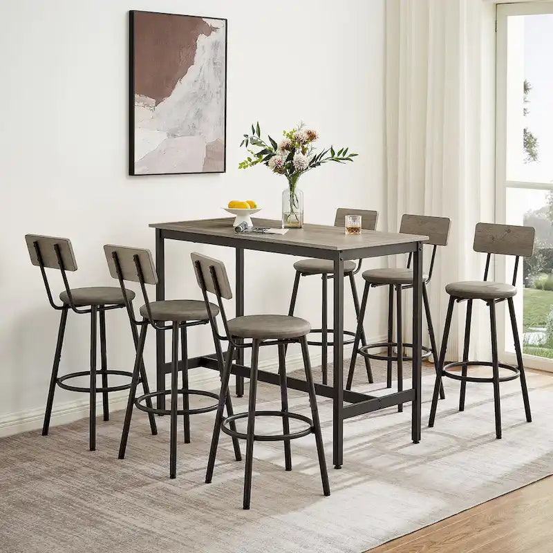 Ensemble de salle à manger rustique 7 pièces avec table rectangulaire et chaises de bar en cuir PU