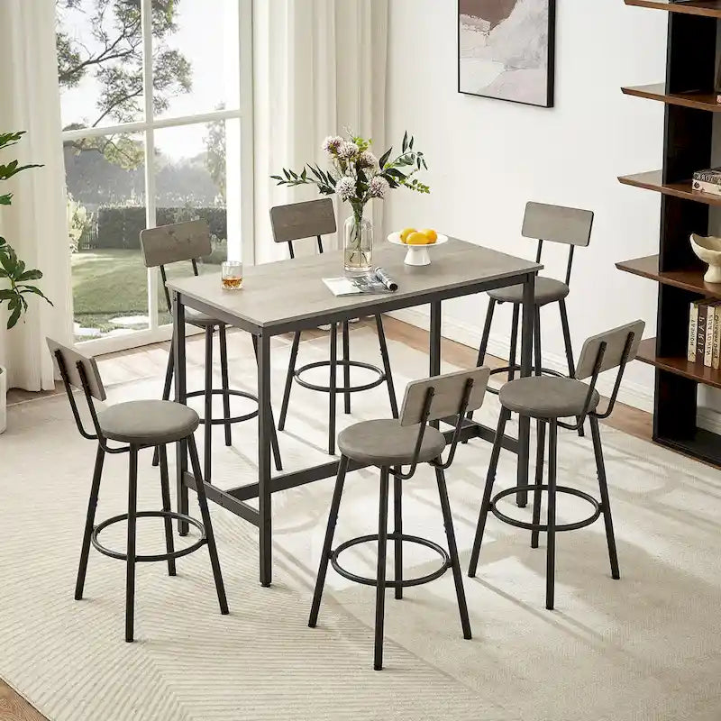Ensemble de salle à manger rustique 7 pièces avec table rectangulaire et chaises de bar en cuir PU