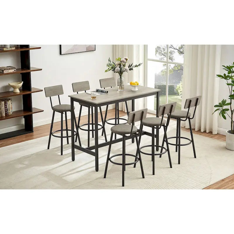 Ensemble de salle à manger rustique 7 pièces avec table rectangulaire et chaises de bar en cuir PU