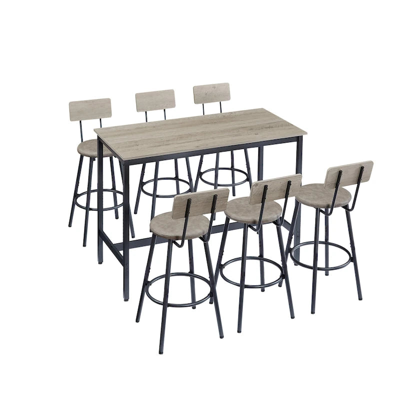 Ensemble de salle à manger rustique 7 pièces avec table rectangulaire et chaises de bar en cuir PU