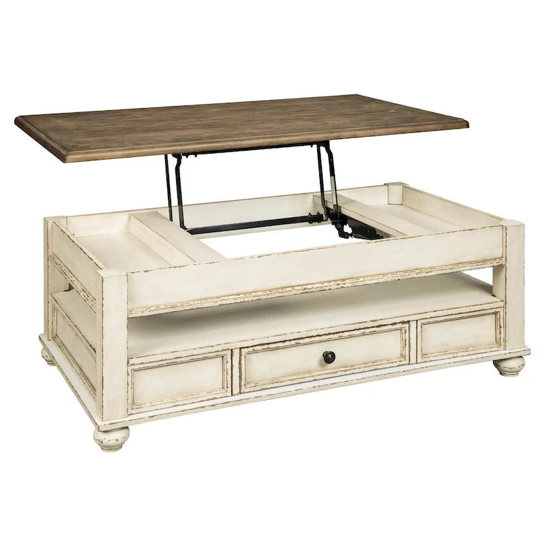 Table basse à plateau relevable traditionnelle blanche/marron