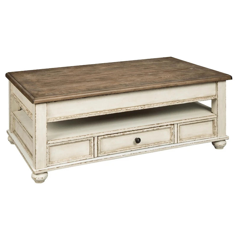 Table basse à plateau relevable traditionnelle blanche/marron