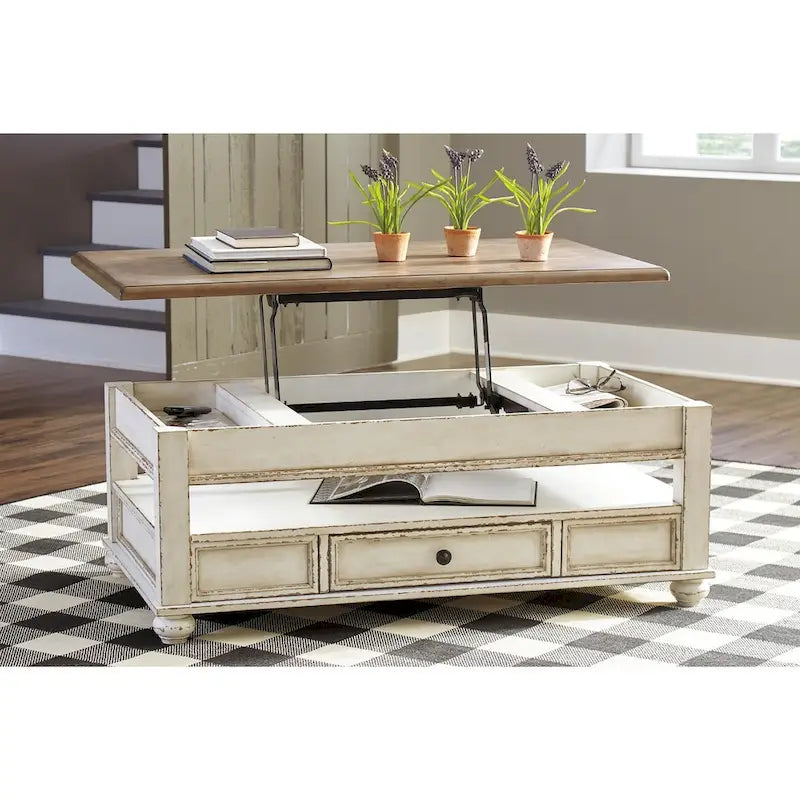 Table basse à plateau relevable traditionnelle blanche/marron