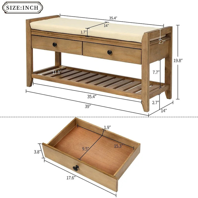 Banc de rangement capitonné polyvalent de style moderne avec porte-chaussures et tiroirs