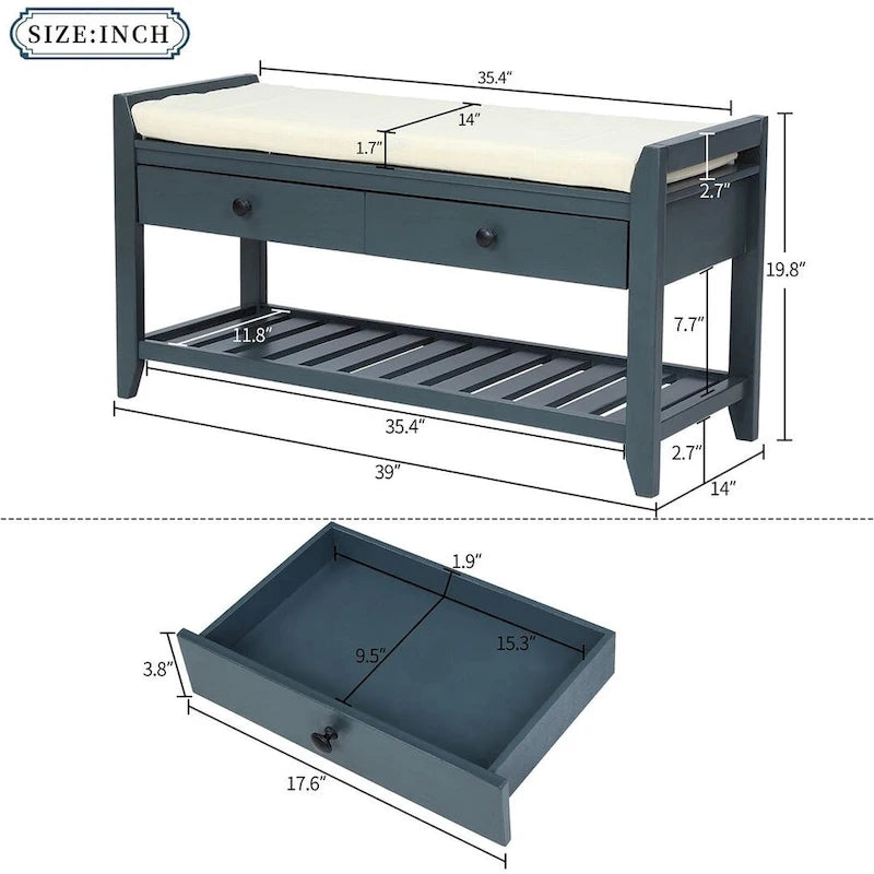 Banc de rangement capitonné polyvalent de style moderne avec porte-chaussures et tiroirs