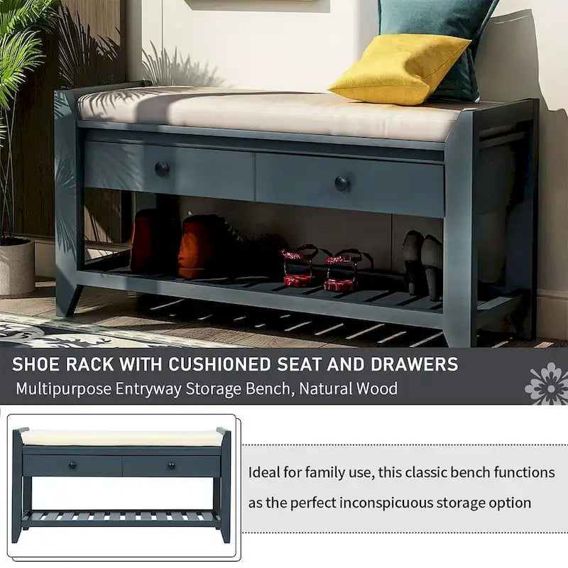 Banc de rangement capitonné polyvalent de style moderne avec porte-chaussures et tiroirs