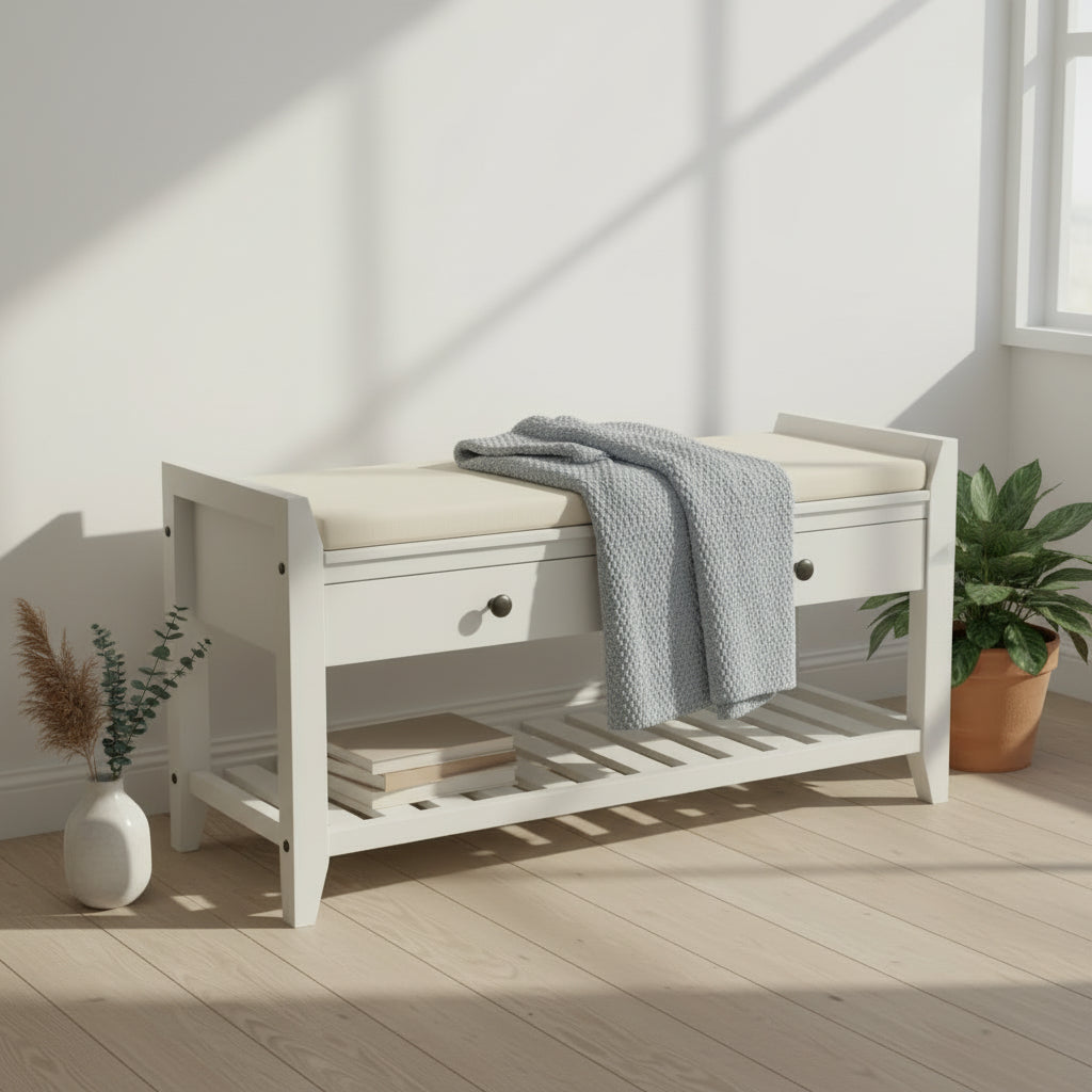 Banc de rangement capitonné polyvalent de style moderne avec porte-chaussures et tiroirs