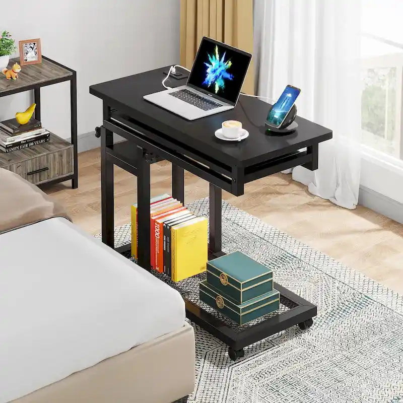 Petite table portable réglable en hauteur, table d'appoint en C avec prise et ports USB
