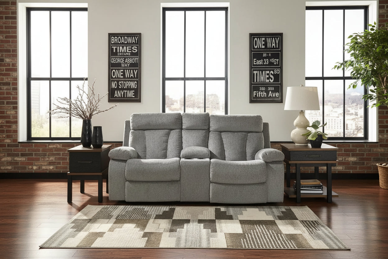Mitchiner Reclining Loveseat with Console Fog