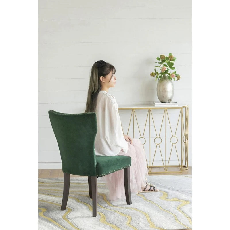 Chaises de salle à manger sans accoudoirs en velours avec clous décoratifs en bois 37 Vert et marron Lot de 2