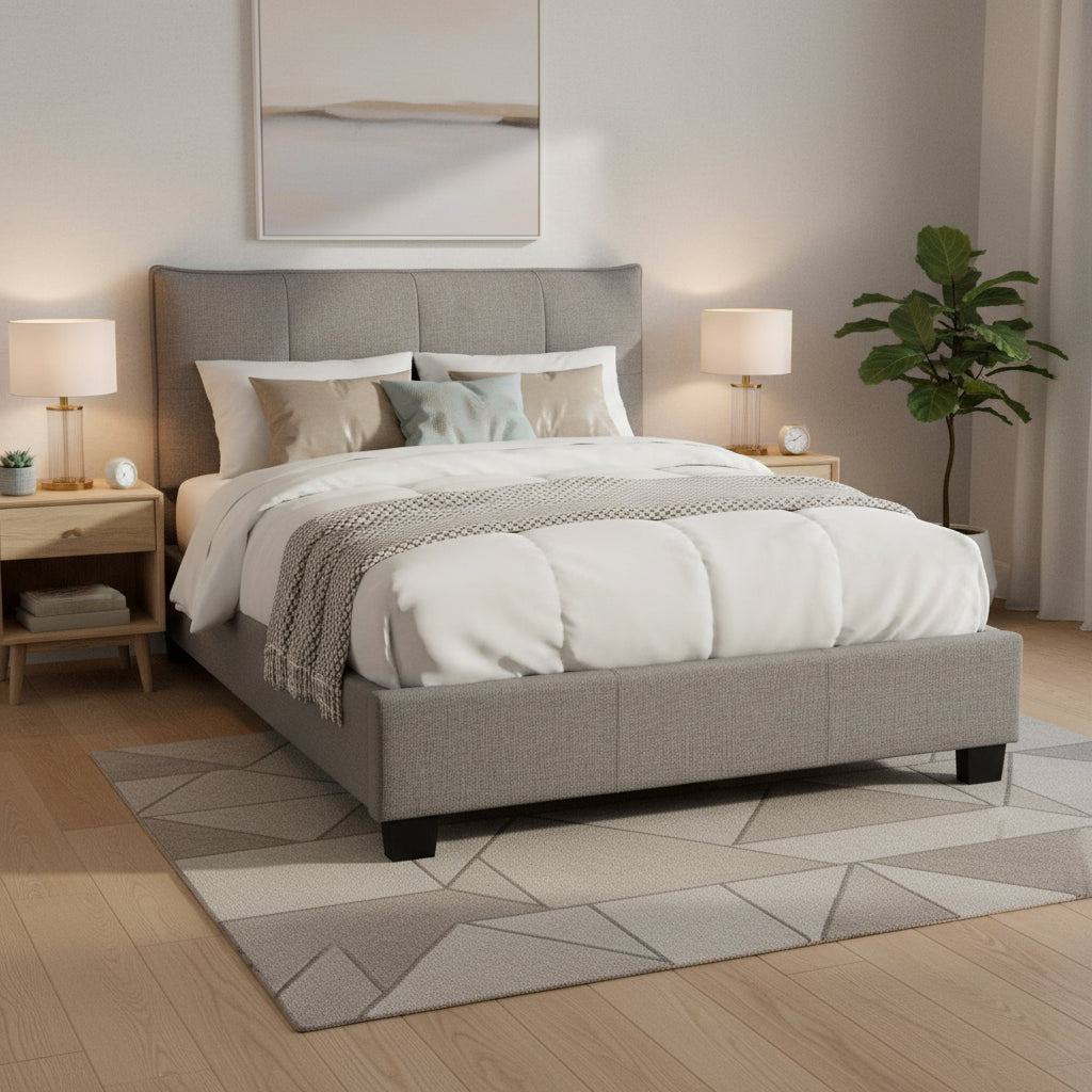 Amy Low Profile King Bed, Tufted Linen, Wide Storage, Gray