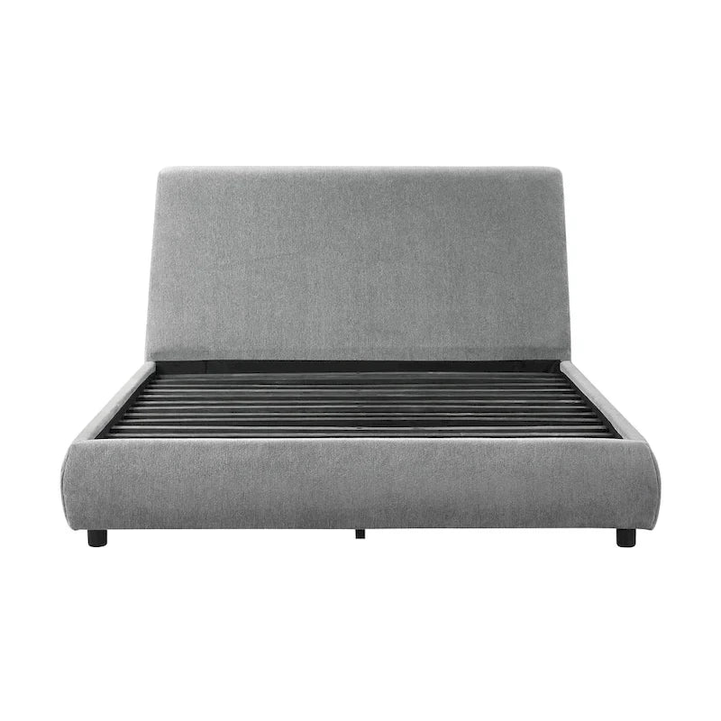 Lit plateforme queen, profil bas, revêtement en tissu chenille gris