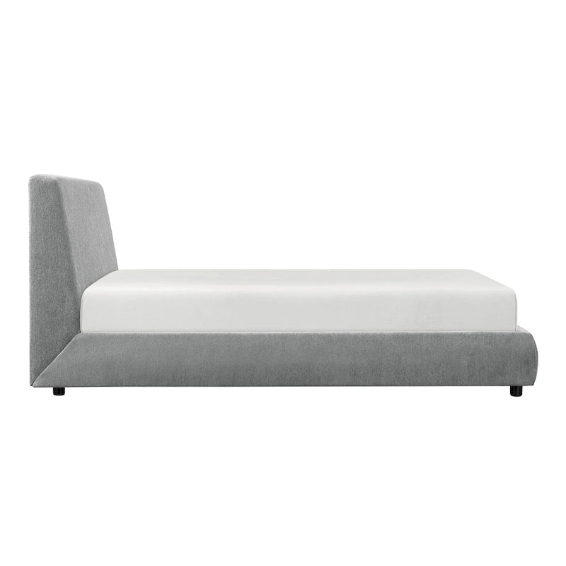 Lit plateforme queen, profil bas, revêtement en tissu chenille gris