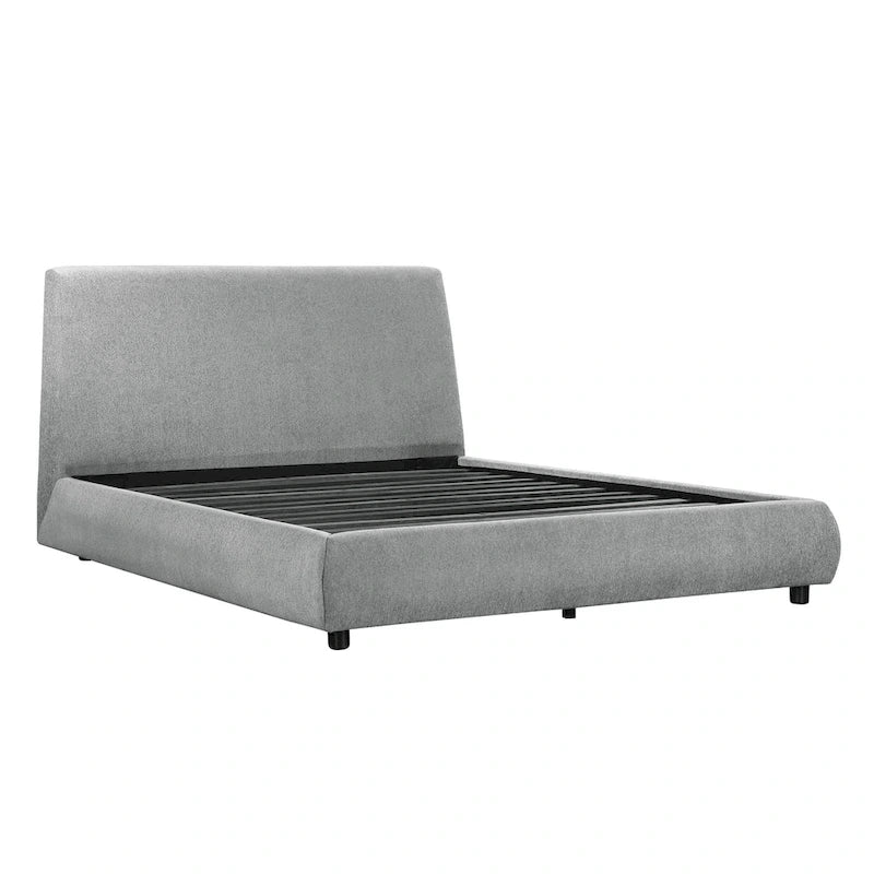 Lit plateforme queen, profil bas, revêtement en tissu chenille gris