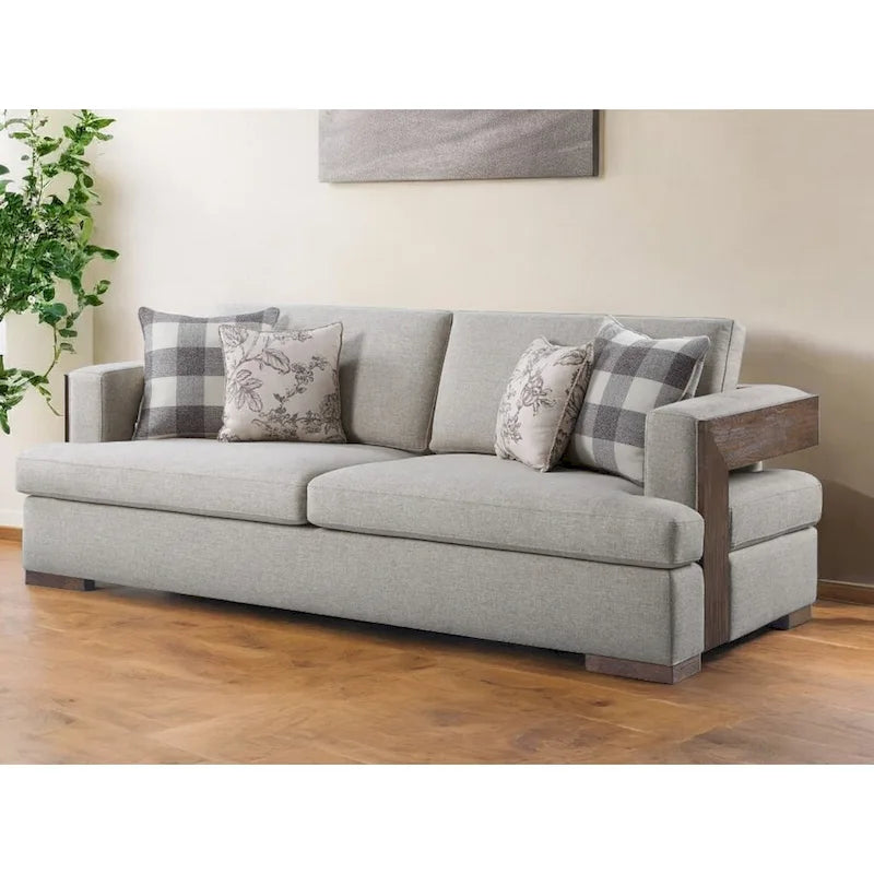 HomeRoots 92 Beige Fabric Sofa And Toss Pillows With Brown Legs - 92